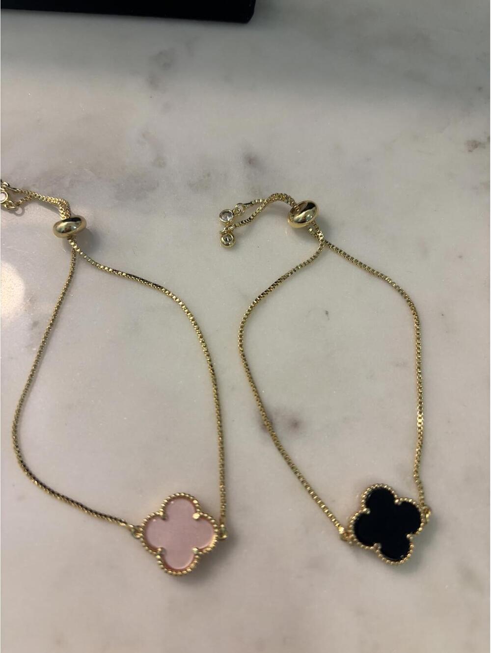Elegant Gold Chain Bracelets with Pink and Black Clovers